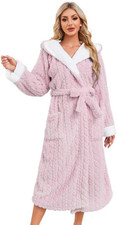 Womens Plush Hooded Robe, Soft Fluffy Womens Fleece Robe Long Warm Bathrobes for