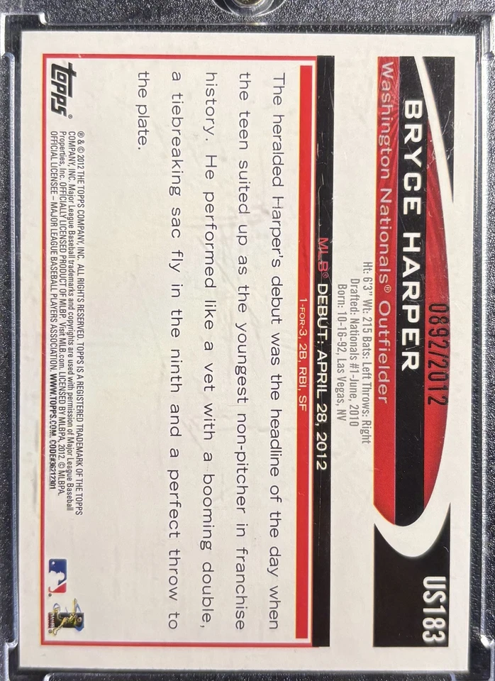 Actualización Topps 2012 debut radiocontrol Bryce Harper #US183 oro 0892/2012 Nationals Foto 2 de 2