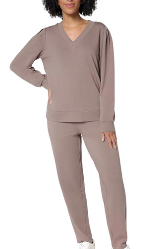 AnyBody Women's Cozy Knit French Terry Top & Pants Set Smokey Taupe
