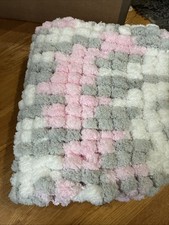 Hand Knitted Pink White Grey Baby Blanket Approx 20 Inch x 24 Inch Brand New