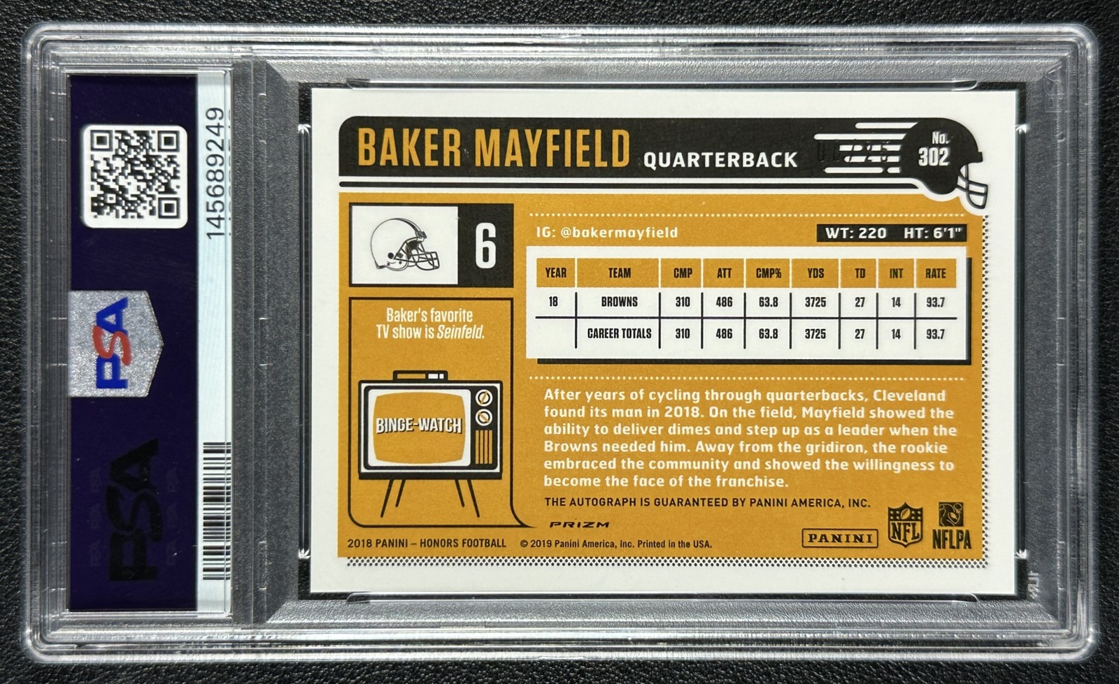 BAKER MAYFIELD PSA 10 2018 PANINI HONORS CLASSICS SIGNIFICANT AUTO GREEN RC 8/25 view 2