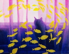 Original Painting, Cat at Sunset Window, Signed by Artist