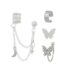 Butterfly Ear Cuff Crystal Stud Chain Tassel Earrings for Women,Gold Plated CZ E