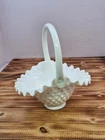 Vintage FENTON Hobnail Milk Glass Ruffled Basket ~ Brides Basket, Large, 8" X 7"