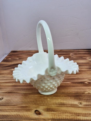 Vintage FENTON Hobnail Milk Glass Ruffled Basket ~ Brides Basket, Large, 8" X 7"