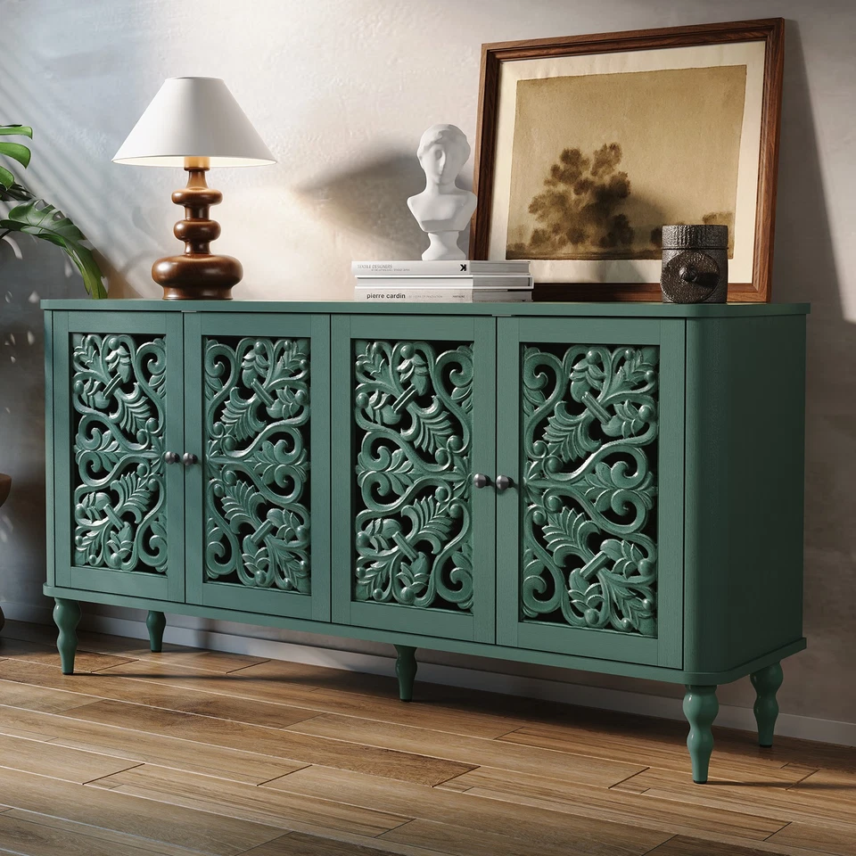 Carved Buffet Cabinet Accent Cabinet with 4 Craft Doors Storage for Living Room - Image 4 of 4