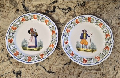 Henriot Quimper France Breton Peasant Woman Man Faience 10'' Plate Set/2 F6D596JS