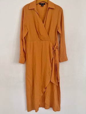 Rachel Zoe Linen Blend Wrap Dress 8 Orange Midi Academia Business Casual Office