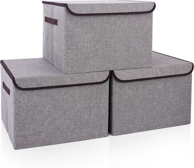 42QT 3pk Collapsible Storage Bins Large Gray Fabric Linen Stackable w/Lids