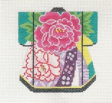 Petite Kimono Peony Blossoms 18 mesh HP Needlepoint Canvas Ornament by LEE