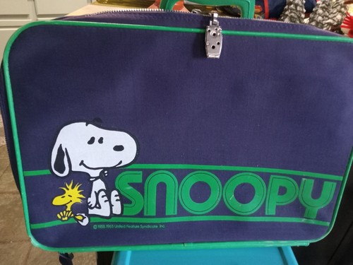 Vintage SNOOPY Aviva SUITCASE Pair Woodstock Peanuts Canvas Zip Luggage bags 2