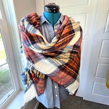 STEVE MADDEN OVERSIZE BLANKET SCARF SHAWL WRAP RUST CREAM GOLD FRINGE WOMEN OS