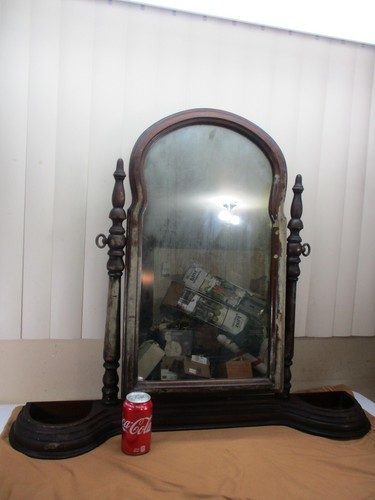 Antique Victorian Wood Swivel Dresser Mirror Topper w/ 2 Jewelry Pockets 1910's