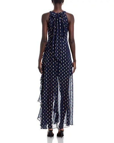 $228 AQUA Metallic Crescent Chiffon Ruffle Gown, Navy/Copper, SIZE-4 - Picture 5 of 5