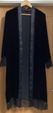 East Black Velvet Silk Duster Kimono Robe Edge To Edge Lace Trim 12-14 Stunning