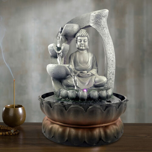 Indoor Water Fountain Water Feature LED Lights Tabletop Buddha Home Decor Grey! - Afbeelding 1 van 12