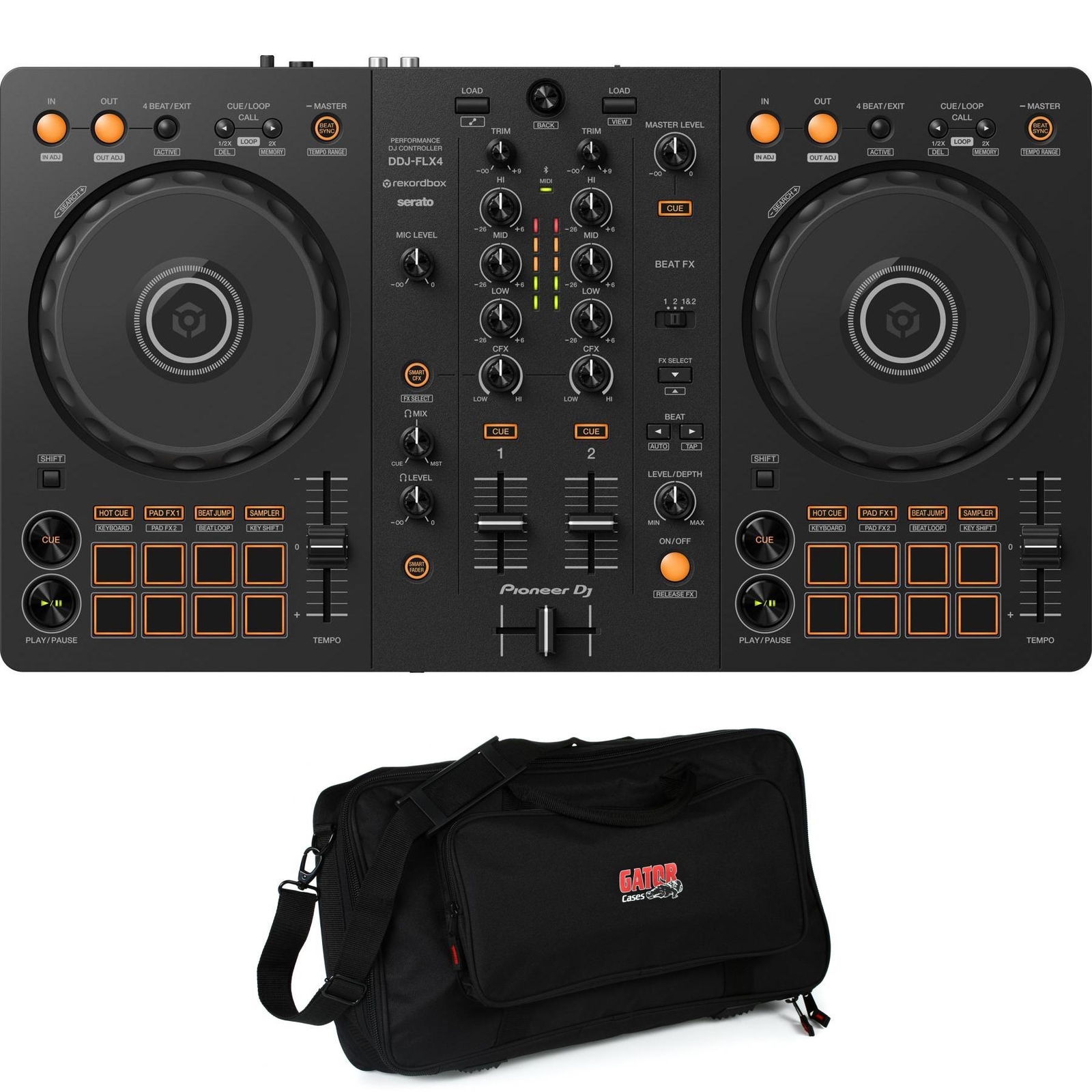 2-дековый рекордбокс Pioneer DJ DDJ-FLX4 и диджейский контроллер Serato с концертной сумкой -