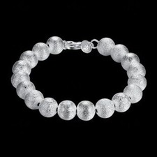Womens 925 Sterling Silver 10mm Frosted Beads String Chain Bangle Bracelet B316