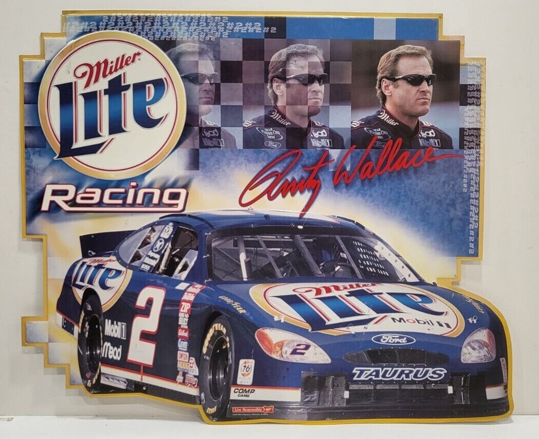 Large Miller Lite metal tin Beer Sign Rusty Wallace #2 Ford