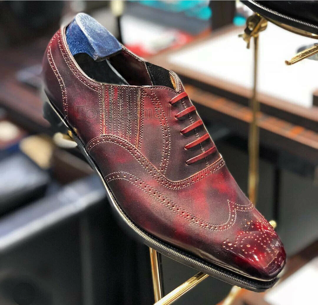Handmade Men s Leather Burgundy Color Wing Tip Lace Up Oxfords