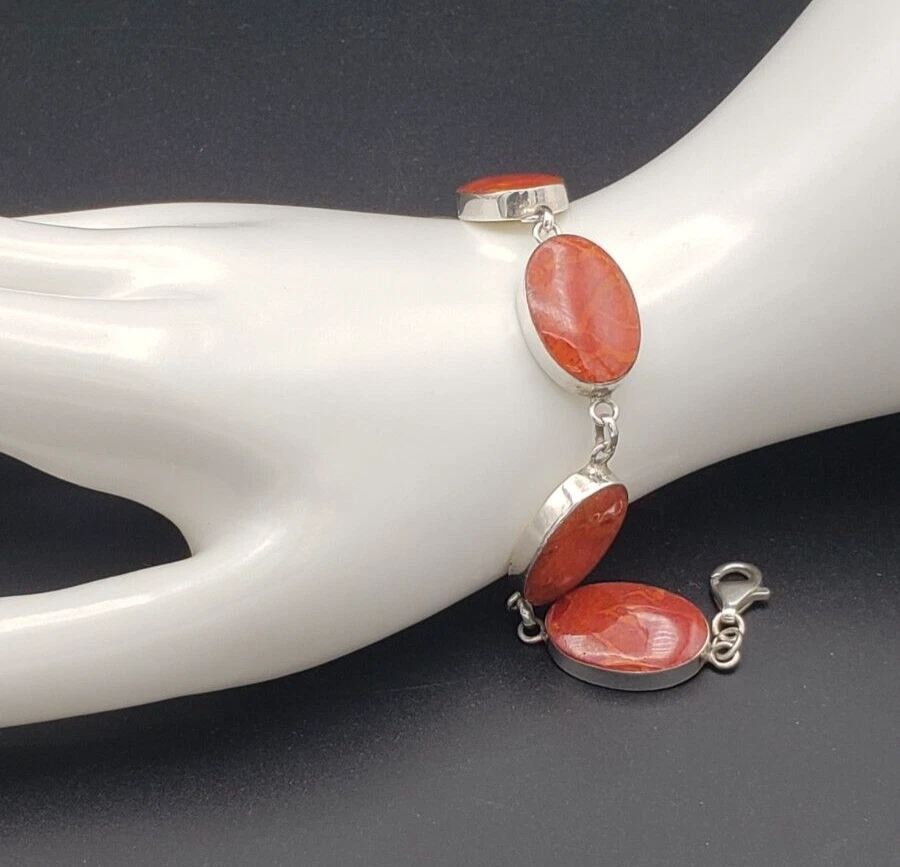 Brazalete Vintage Esponja Roja Coral Plata de Ley 925 8.5" Foto 4 de 4