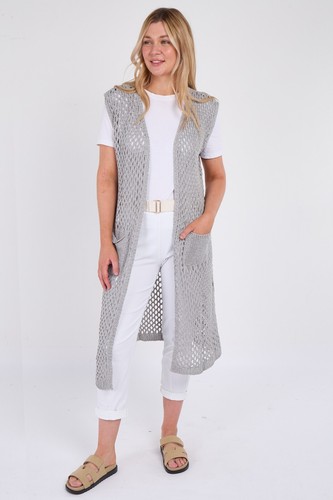 Women Ladies Crochet Sleeveless Cardigan Maxi Top Jacket Fish Net Long Summer - Picture 29 of 46