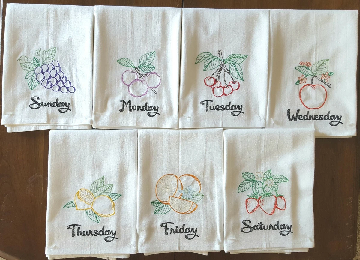 VINTAGE FRUIT DAYS OF THE WEEK MACHINE EMBROIDERED FLOUR SACK DISH