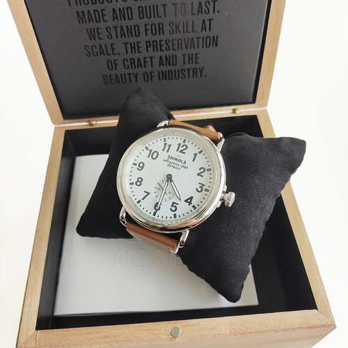 Shinola The Runwell 47mm Brown Leather Strap White Dial Quartz Men's Watch NEW~ - Picture 2 of 9