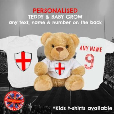 England Inspired Football Babygrow Teddy Bear Personalised Matching Gift  Set, UK