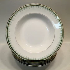 5 Furnivals England  Rimmed Bowls Green Gold Geometric Trim 9” Soup Pasta Salad