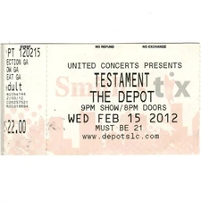 TESTAMENT Concert Ticket Stub SALT LAKE CITY UTAH 2/15/12 DEPOT EARTH IS ON HELL