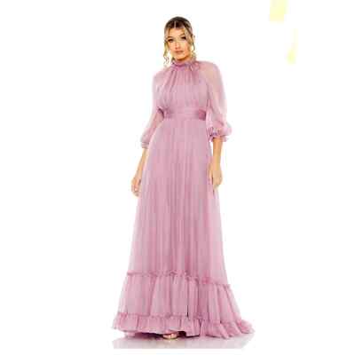 Mac Duggal Chiffon Ruched Illusion Raglan Sleeve Ruffled Gown