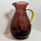 BLENKO Blown Art Glass Purple Pitcher Yellow Handle Signed Richard Blenko 2001