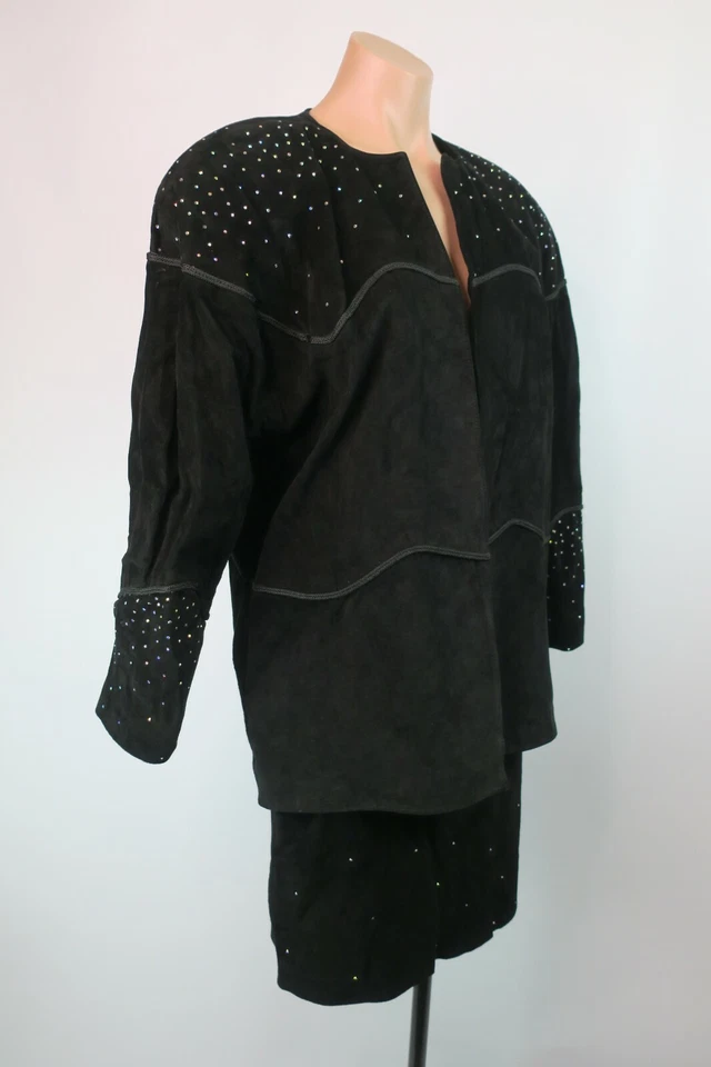 CACHE DE COLECCIÓN Y2K 90s Negro Gamuza Cuero Estrás Bling Falda Traje 2 piezas EE. UU. Grunge Foto 4 de 4