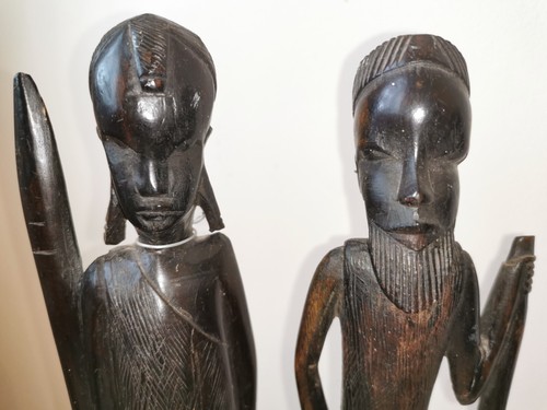 Slender Antique Pair Duo Tribal Warriors Ebony Dark Wood Standing & Wall Décor - Picture 5 of 15