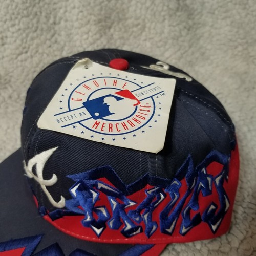VINTAGE Atlanta Braves Hat Cap Snap Back Blue Red Shockwave Shatter MLB 90s - Picture 13 of 23
