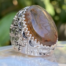 islamic 925 Sterling Silver men ring natural yemeni aqeeq agate             