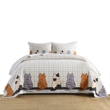 3 Pcs Elegant Cat Silhouette Checkered Quilt Bedspread Set