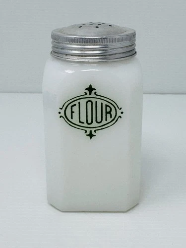 Antique 1930’s White Milk Glass Flour Shaker Vintage Hazel Atlas Chef Boy Ar Dee