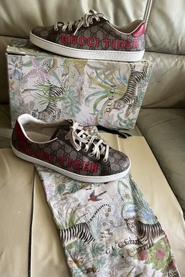 Authentic GUCCI TIGER Ace Web GG Supreme Monogram Brown Sneakers Size 9- US 9.5