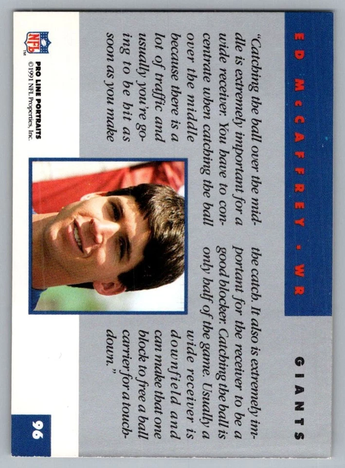 1991 Pro Line Portraits Ed McCaffrey Rookie New York Giants #96 - Image 2 of 2