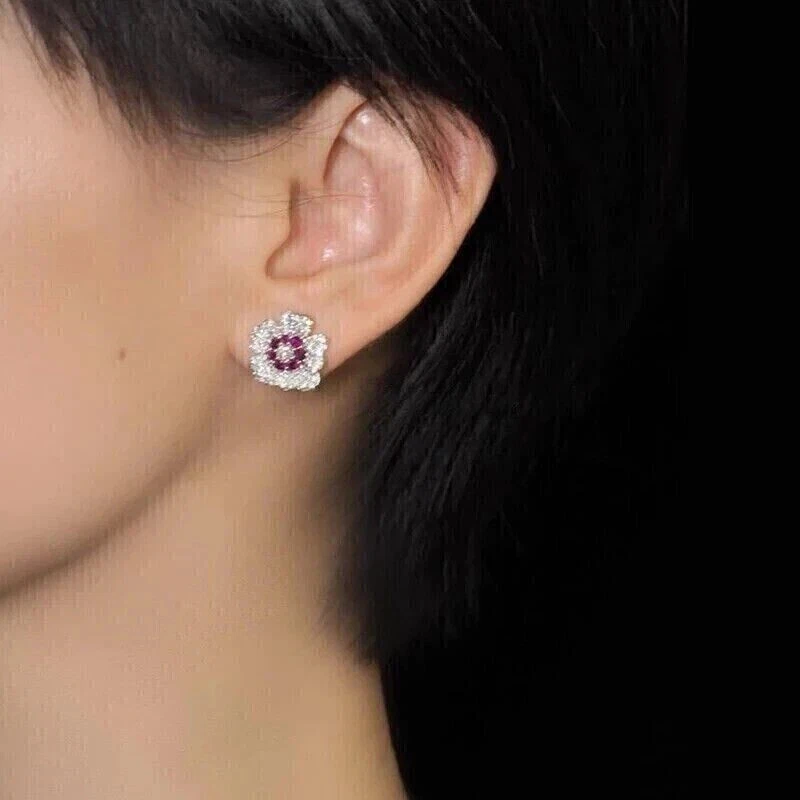 Art Deco Style Lab Created Diamond & Ruby Flower 925 Silver Engagement Earrings - Image 4 of 4