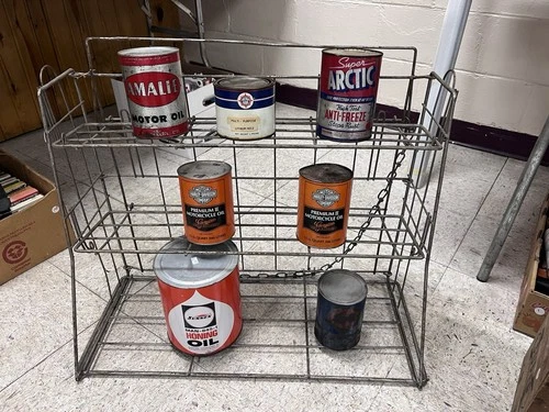 Vintage Gas Oil Can Display Rack Sign Shell Mobil Pegasus Metal Fold up 1970s