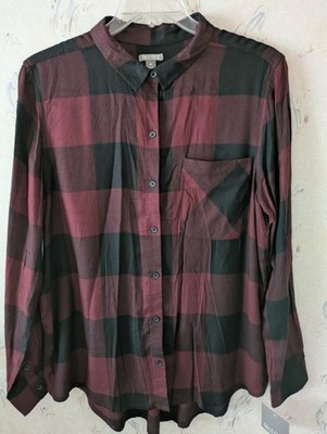 NWT Falls Creek Women's Size XL LS Burgandy Black Plaid Hi-Lo Button Tunic Shirt