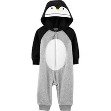 Carter's Baby Hooded Penguin Fleece Zippered toeless Bodysuit 12 M