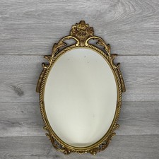 Vintage 1950s Brass Gilt Metal Wall Oval Mirror Ornate Baroque Rococo Old Retro
