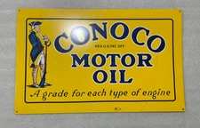 CONOCO MOTOR OIL GAS & OIL PORCELAIN ENAMEL SIGN 28X17.5" DSP.