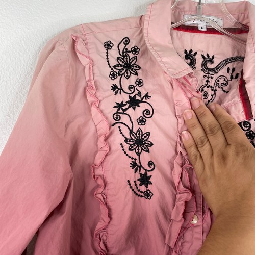 3J Workshop Johnny Was Pink Ombre Button Down Blouse Floral Embroidered Large - Picture 3 of 20