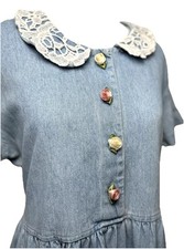 Vtg Denim Prairie Midi Dress 14P Lace Collar Rosette Buttons Studio Ease USA