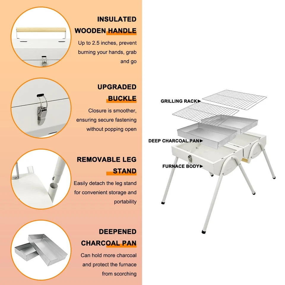 Parrilla de carbón con mango push-pull para barbacoa de camping al aire libre (blanco) Foto 4 de 4